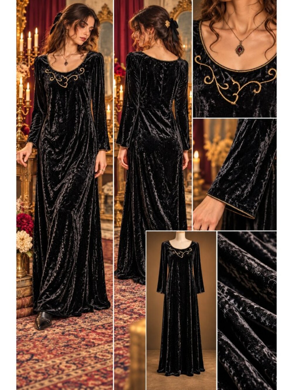 Whimsigoth Black Velvet Maxi Dress VTG Natori Long Sleeve Goth Vampy Witchy